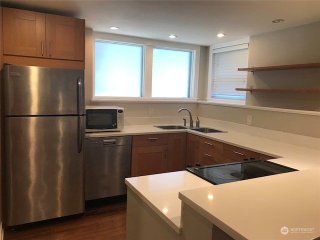 kitchen featuring stainless steel appliances, dark wood-type flooring, and sink