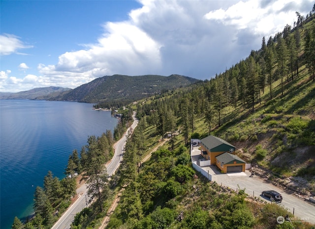 drone / aerial view with a water and mountain view