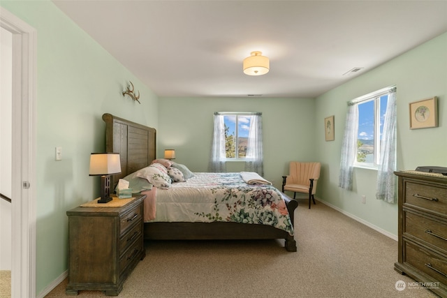 carpeted bedroom featuring multiple windows