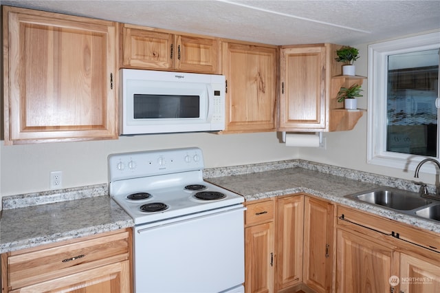 kitchen featuring light brown cabinetry, a textured ceiling, white appliances, and sink