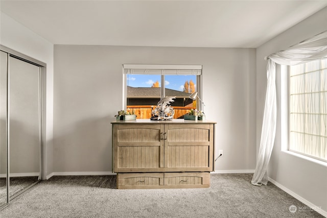 carpeted bedroom with multiple windows and a closet