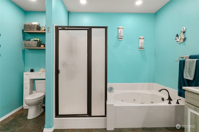 full bathroom featuring shower with separate bathtub, toilet, and vanity