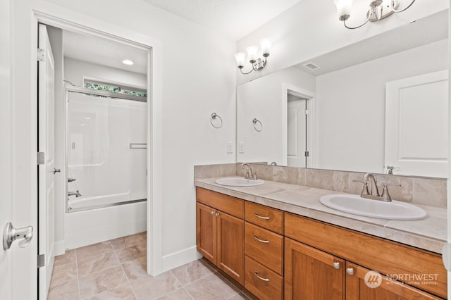 bathroom with shower / bathing tub combination, vanity, tile patterned floors, and a textured ceiling