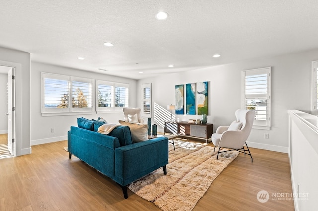 living room featuring a textured ceiling and light hardwood / wood-style floors