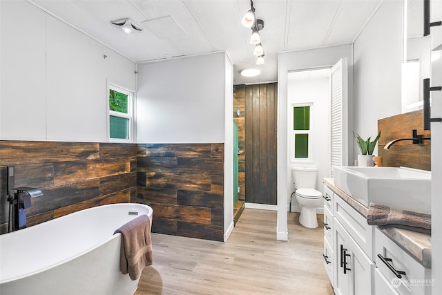 bathroom with vanity, a bath, wood-type flooring, and toilet