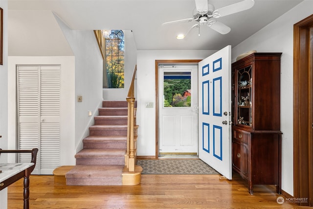 entrance foyer featuring ceiling fan and light wood-type flooring