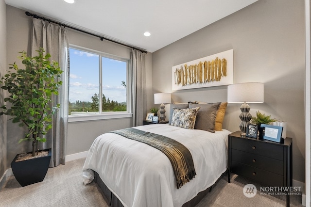 bedroom featuring recessed lighting, baseboards, and carpet floors