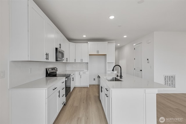 kitchen with visible vents, a sink, backsplash, appliances with stainless steel finishes, and light wood finished floors