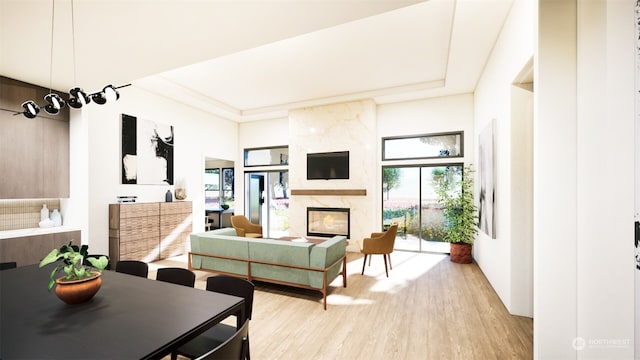 interior space with a fireplace, a wealth of natural light, and light hardwood / wood-style flooring