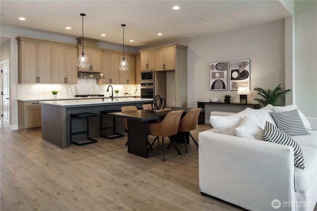 25708 64th Avenue Ct E Unit 4, Graham, WA 98338 - kitchen with appliances with stainless steel finishes, light wood-style flooring, under cabinet range hood, a sink, and recessed lighting