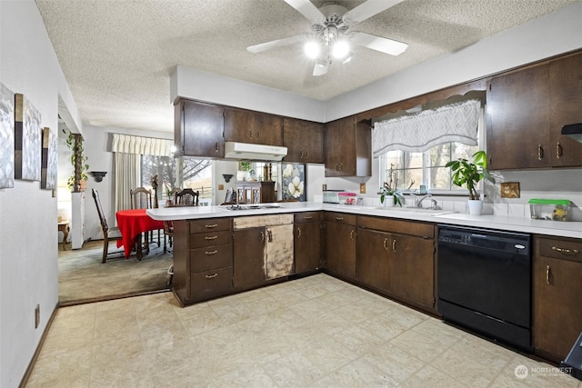 kitchen featuring dark brown cabinets, ceiling fan, dishwasher, and a textured ceiling