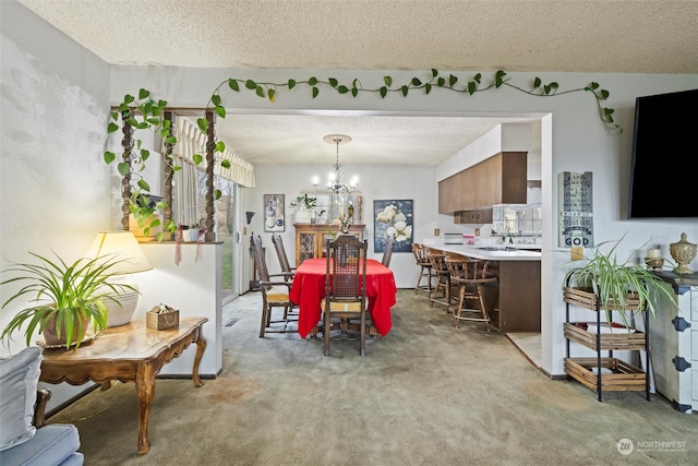 dining room with a textured ceiling, a notable chandelier, and light carpet
