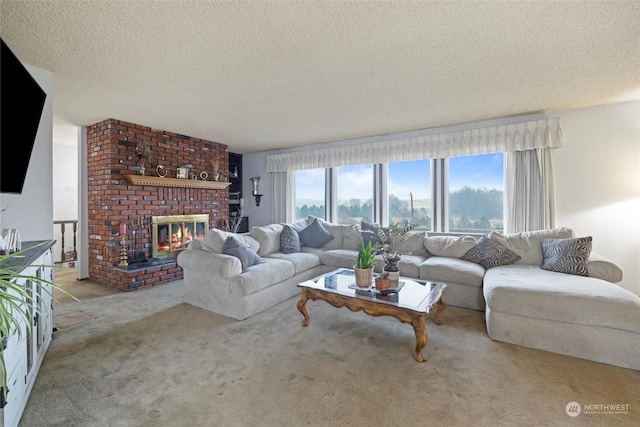 carpeted living room with a fireplace and a textured ceiling