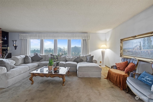 living room featuring light colored carpet and a textured ceiling
