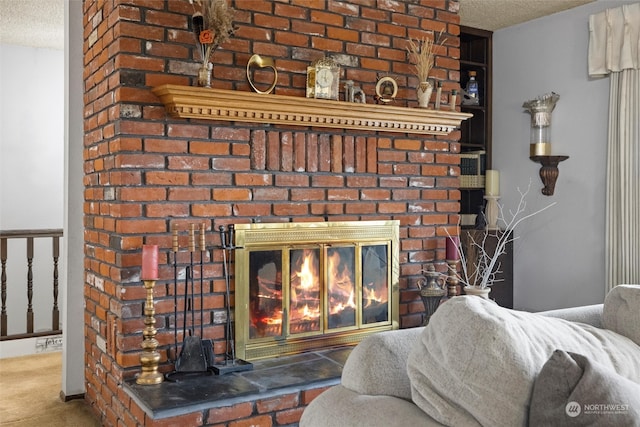 details with carpet flooring, a textured ceiling, and a brick fireplace