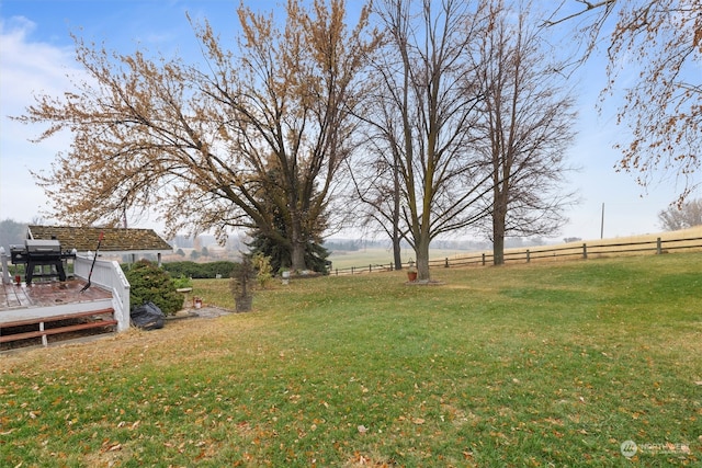 view of yard with a rural view and a wooden deck