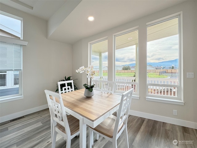 dining area with hardwood / wood-style flooring and a mountain view