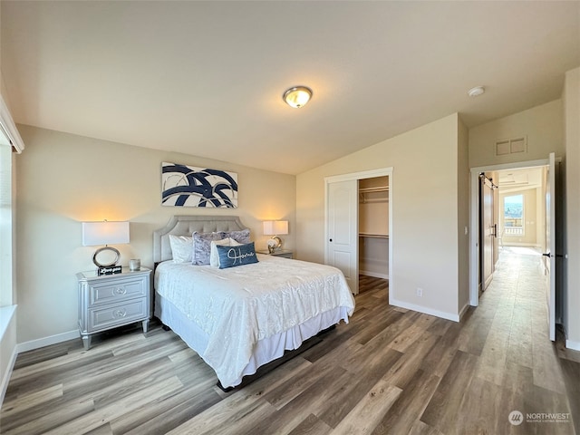 bedroom with a walk in closet, a closet, vaulted ceiling, and hardwood / wood-style flooring