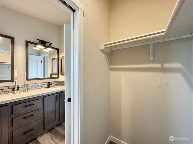 bathroom featuring backsplash, vanity, and wood-type flooring