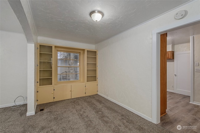 carpeted empty room with a textured ceiling and ornamental molding