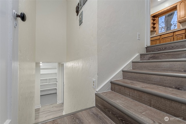 staircase with wood-type flooring