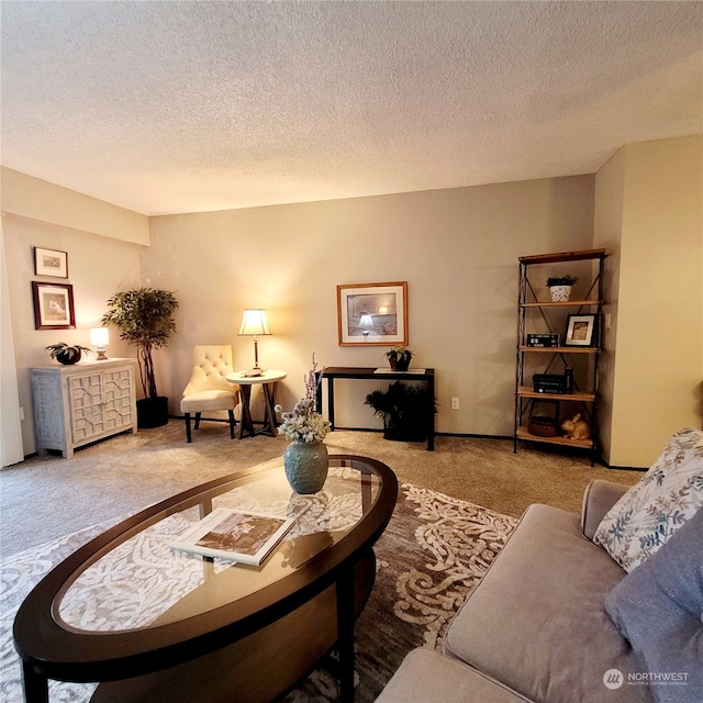 living room featuring carpet flooring and a textured ceiling