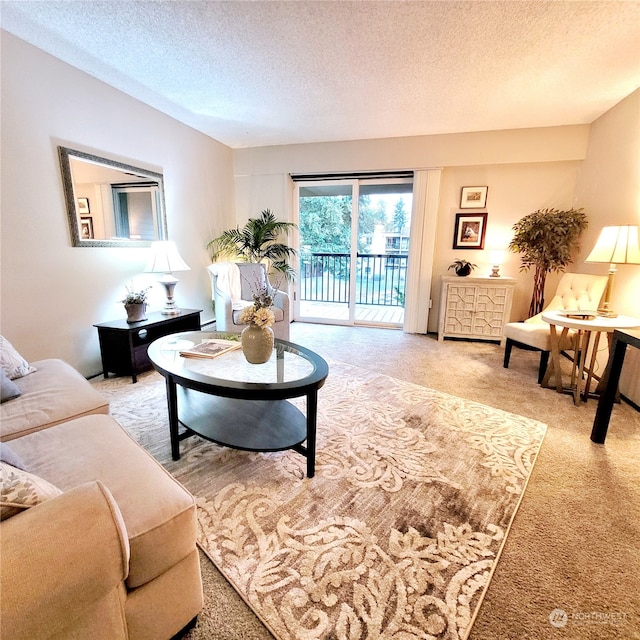 carpeted living room featuring a textured ceiling