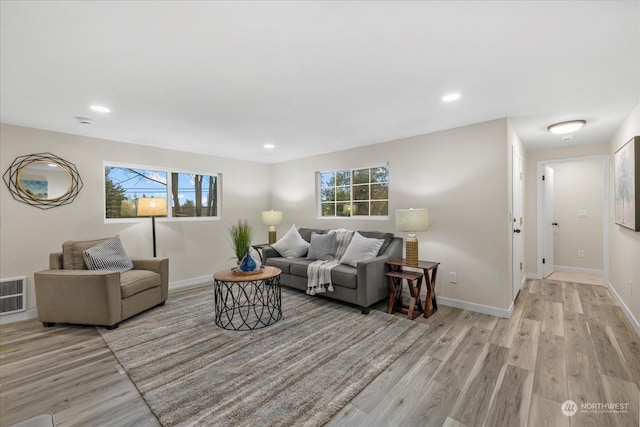 living room with light hardwood / wood-style floors and a healthy amount of sunlight