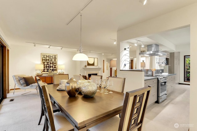 dining room with light colored carpet and rail lighting