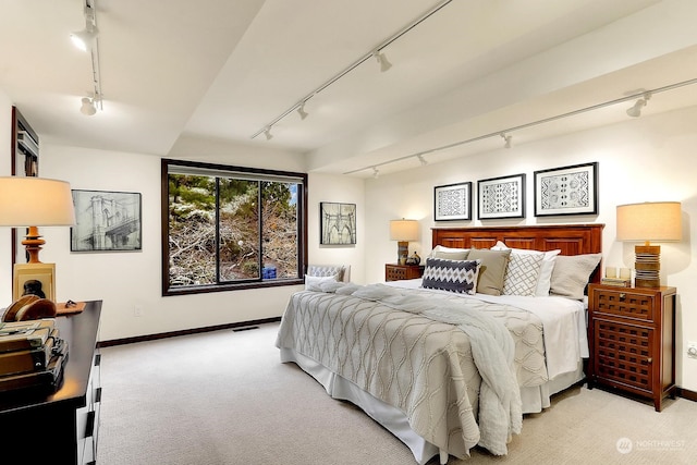 carpeted bedroom with rail lighting