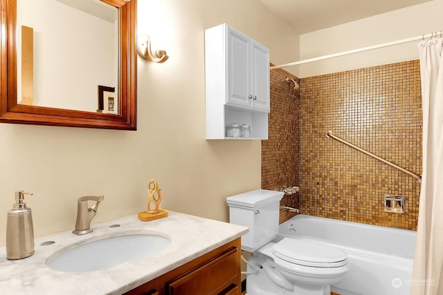 full bathroom with vanity, toilet, and shower / bathtub combination with curtain