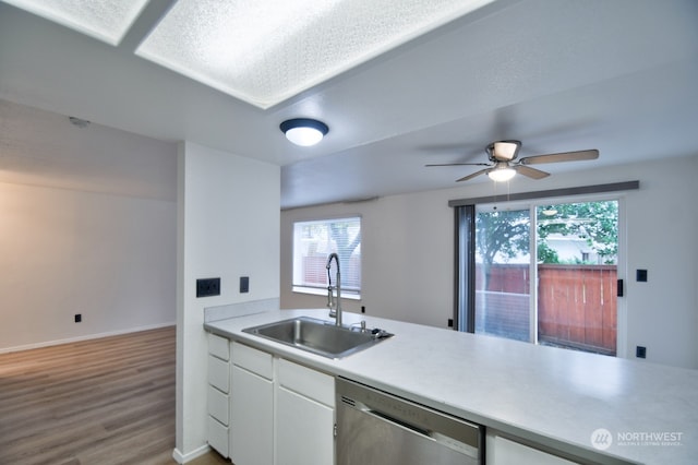 kitchen featuring white cabinets, sink, stainless steel dishwasher, ceiling fan, and light wood-type flooring