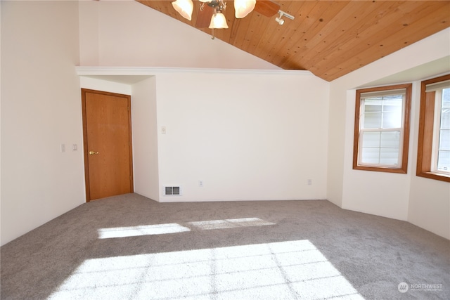 carpeted empty room with lofted ceiling, ceiling fan, and wooden ceiling