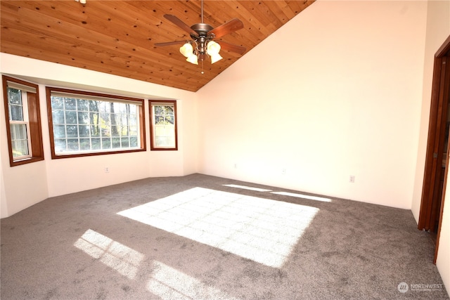 carpeted spare room with high vaulted ceiling, ceiling fan, and wooden ceiling