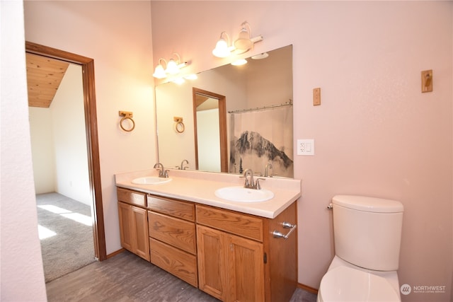 bathroom featuring hardwood / wood-style floors, vanity, and toilet