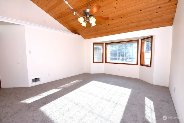 empty room with ceiling fan, wood ceiling, lofted ceiling, and carpet flooring