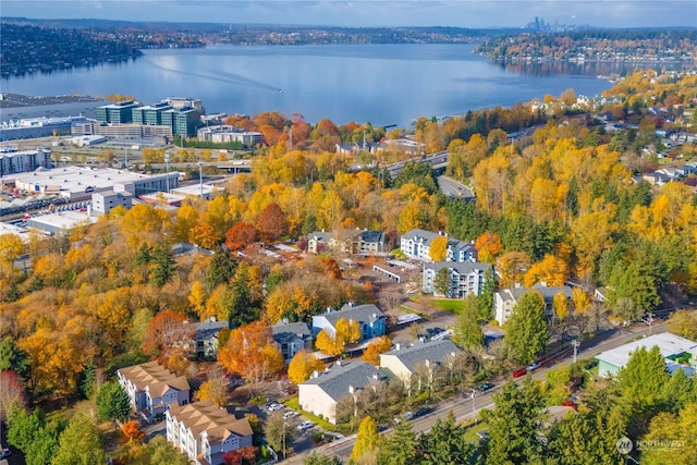 birds eye view of property with a water view