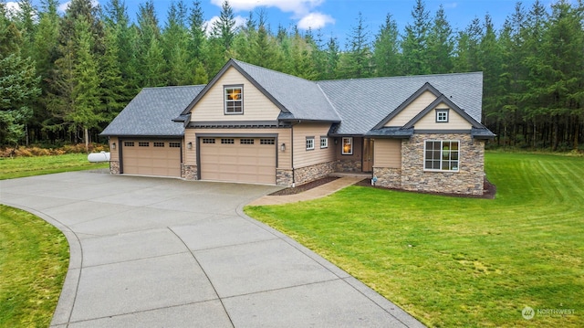28330 318th Dr SE, Ravensdale, WA 98051 - craftsman inspired home with stone siding, a front lawn, and driveway