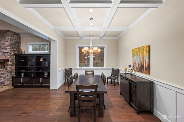 dining area with dark hardwood / wood-style floors, a healthy amount of sunlight, and a chandelier