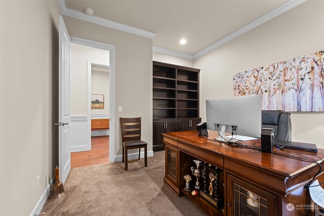 carpeted office with ornamental molding