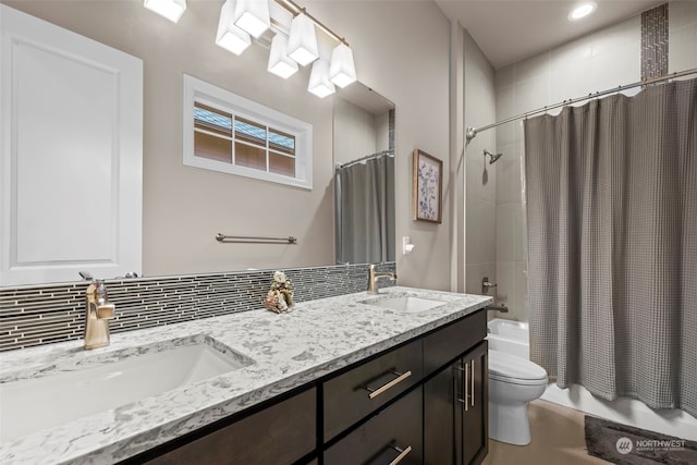 full bathroom with backsplash, vanity, shower / bathtub combination with curtain, and toilet