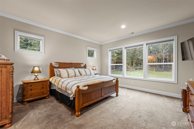 carpeted bedroom with crown molding