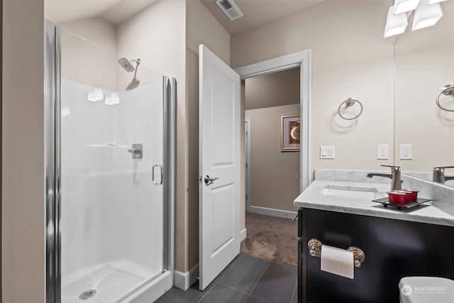 28330 318th Dr SE, Ravensdale, WA 98051 - bathroom featuring a shower stall, tile patterned floors, and vanity