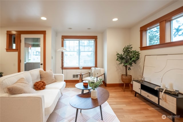 living room featuring a healthy amount of sunlight and light hardwood / wood-style floors