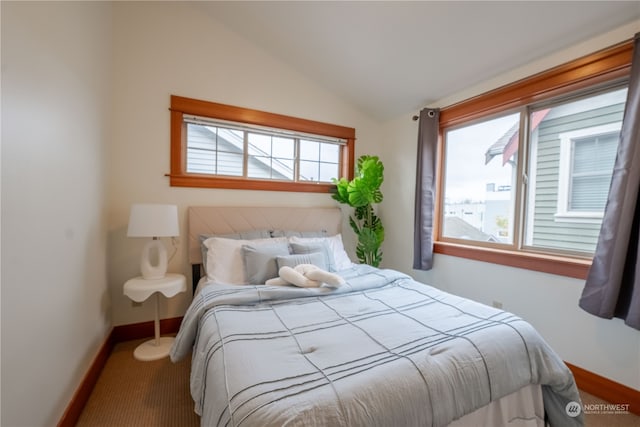 carpeted bedroom with multiple windows and lofted ceiling