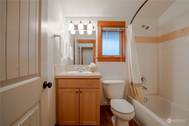 full bathroom with tile patterned flooring, vanity, toilet, and shower / bathtub combination with curtain