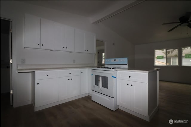 kitchen featuring electric stove, white cabinetry, kitchen peninsula, and lofted ceiling with beams