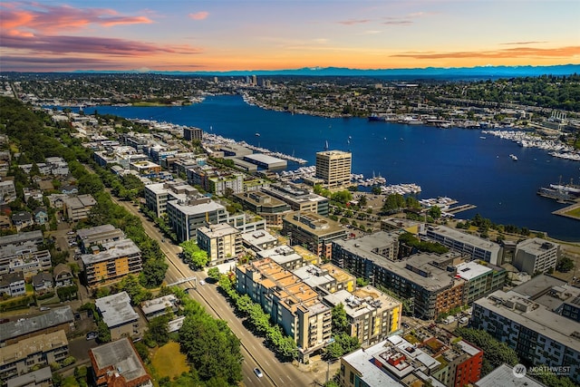 aerial view at dusk featuring a water view