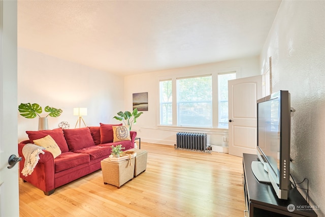 living room featuring radiator heating unit and light hardwood / wood-style flooring