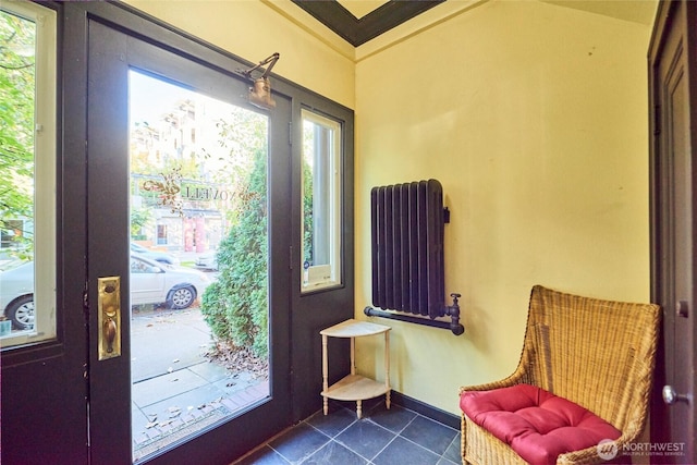 905 NE 43rd St Unit 108, Seattle, WA 98105 - entryway featuring radiator heating unit, dark tile patterned flooring, and baseboards